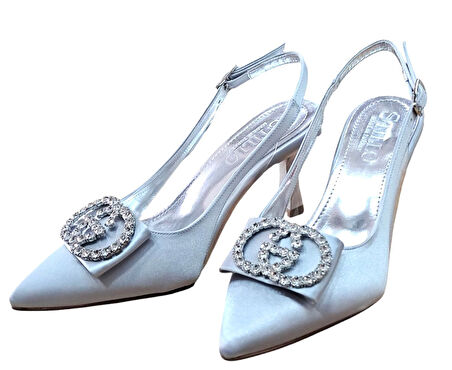 Stillo 33 Kadın Saten Taşlı Tokalı Arka Açık Kadeh Ökçe Stiletto Gümüş