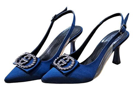 Stillo 33 Kadın Saten Taşlı Tokalı Arka Açık Kadeh Ökçe Stiletto Lacivert