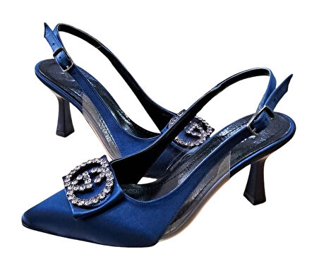 Stillo 33 Kadın Saten Taşlı Tokalı Arka Açık Kadeh Ökçe Stiletto Lacivert