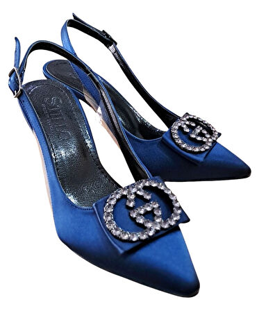 Stillo 33 Kadın Saten Taşlı Tokalı Arka Açık Kadeh Ökçe Stiletto Lacivert