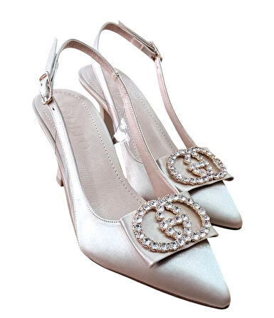 Stillo 33 Kadın Saten Taşlı Tokalı Arka Açık Kadeh Ökçe Stiletto Ten