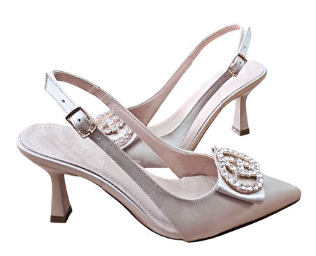 Stillo 33 Kadın Saten Taşlı Tokalı Arka Açık Kadeh Ökçe Stiletto Ten