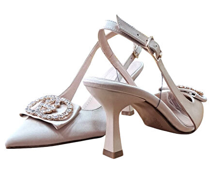 Stillo 33 Kadın Saten Taşlı Tokalı Arka Açık Kadeh Ökçe Stiletto Ten