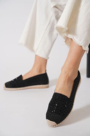 Green Mod 312 Kadın Hasırlı Taşlı Espadril Babet Siyah