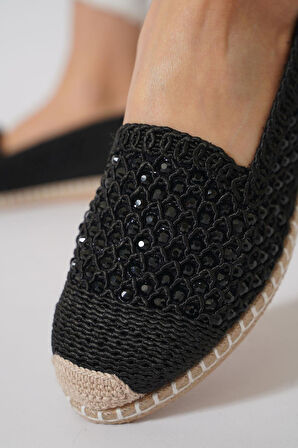 Green Mod 312 Kadın Hasırlı Taşlı Espadril Babet Siyah