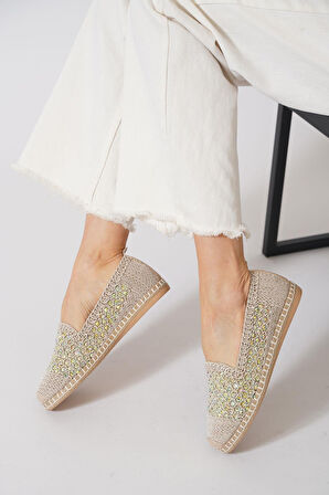 Green Mod 312 Kadın Hasırlı Taşlı Espadril Babet Bej