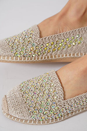Green Mod 312 Kadın Hasırlı Taşlı Espadril Babet Bej