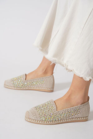 Green Mod 312 Kadın Hasırlı Taşlı Espadril Babet Bej