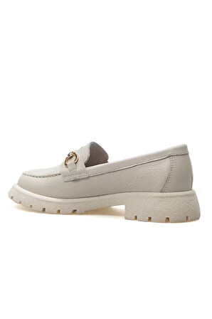 Divadonna 4259 Kadın Hakiki Deri Taşlı Tokalı Loafer Ayakkabı Bej