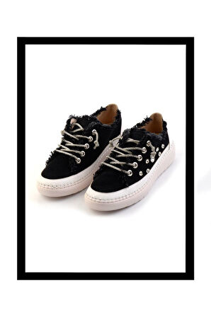 Aria 2408 Kadın Taşlı Kot Sneaker Ayakkabı Siyah