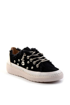 Aria 2408 Kadın Taşlı Kot Sneaker Ayakkabı Siyah