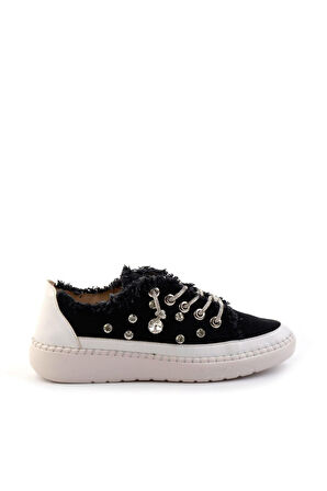 Aria 2408 Kadın Taşlı Kot Sneaker Ayakkabı Siyah