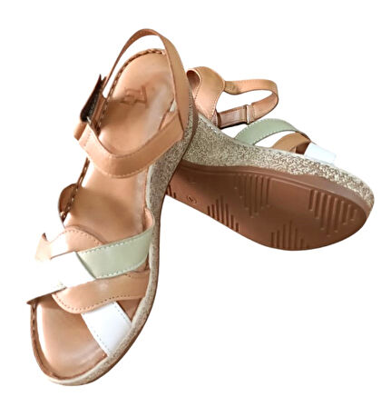 Ekinci 401 Kadın Hakiki Deri Dolgu Topuklu Comfort Sandalet Taba