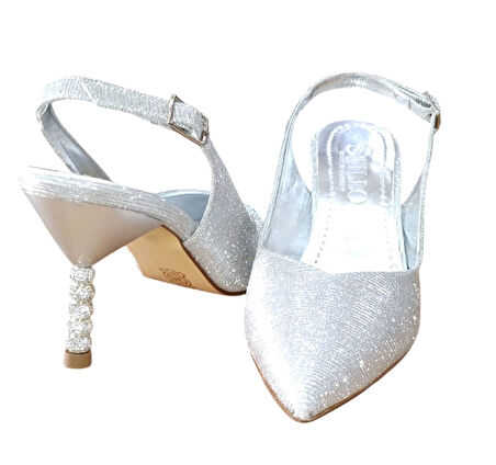 Stillo 774 Kadın Arkası Açık Simli Topukta Taş Detaylı Abiye Ayakkabı Gümüş