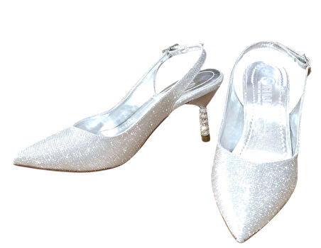 Stillo 774 Kadın Arkası Açık Simli Topukta Taş Detaylı Abiye Ayakkabı Gümüş