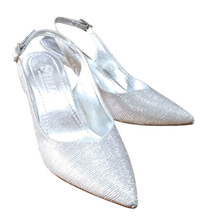 Stillo 774 Kadın Arkası Açık Simli Topukta Taş Detaylı Abiye Ayakkabı Gümüş