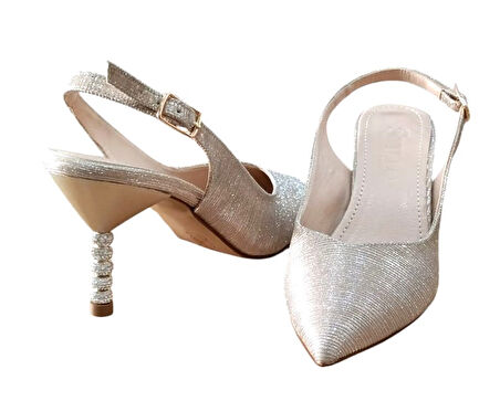 Stillo 774 Kadın Arkası Açık Simli Topukta Taş Detaylı Abiye Ayakkabı Altın