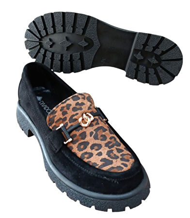 Divadonna 4270 Kadın Hakiki Deri Leopar Kadın Casual Ayakkabı Nubuk Siyah