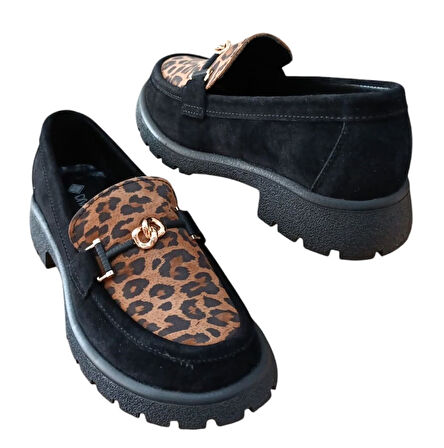 Divadonna 4270 Kadın Hakiki Deri Leopar Kadın Casual Ayakkabı Nubuk Siyah