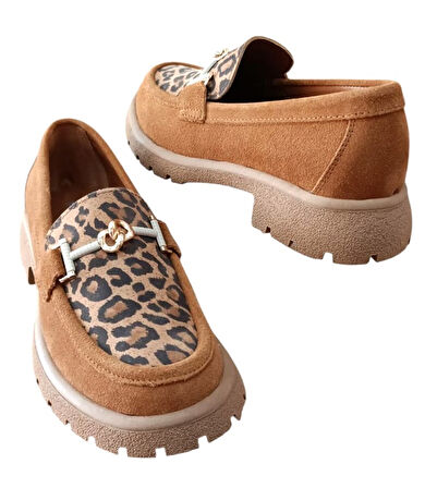 Divadonna 4270 Kadın Hakiki Deri Leopar Kadın Casual Ayakkabı Nubuk Taba
