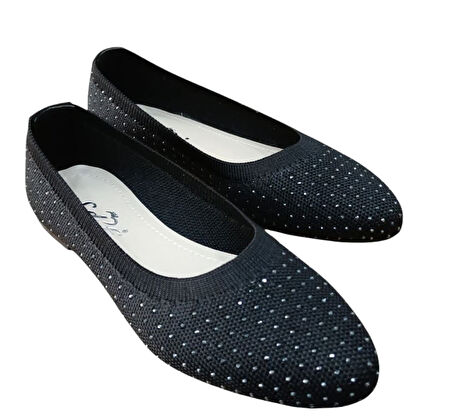 Sedef 243 Kadın Taşlı Triko Babet Siyah