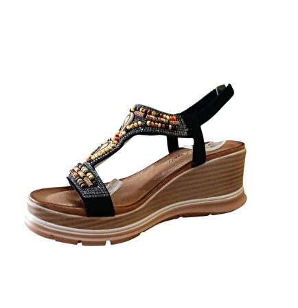 De Scarıo 1060 Kadın Taşlı Dolgu Topuklu Comfort Sandalet Siyah