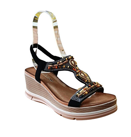 De Scarıo 1060 Kadın Taşlı Dolgu Topuklu Comfort Sandalet Siyah