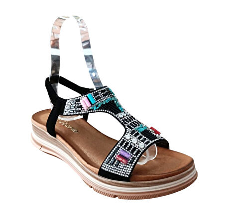 De Scarıo 2061 Kadın Taşlı Comfort Sandalet Siyah
