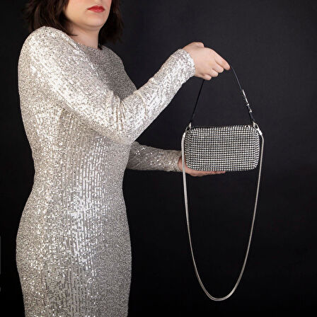 Nas 951 Kadın Taşlı Abiye Omuz Çantası Gümüş