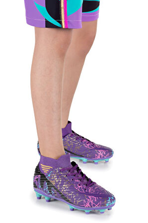 La Liga 565 Çocuk Çoraplı Çim Saha Kramponu Mor - Turkuaz