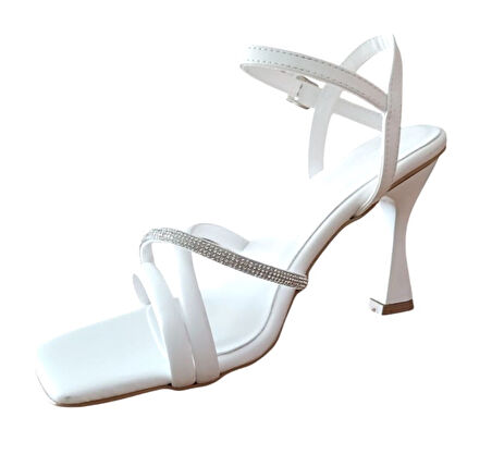 Bs Shoes 0028 Kadın Taşlı Kadeh Ökçe Açık Ayakkabı Beyaz