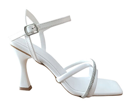 Bs Shoes 0028 Kadın Taşlı Kadeh Ökçe Açık Ayakkabı Beyaz