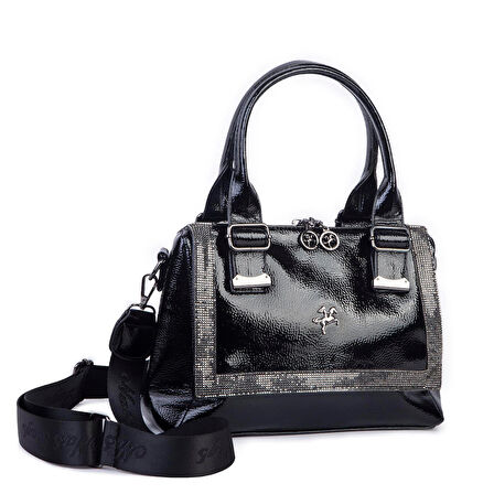 Nas 1455 Kadın Taşlı El Ve Omuz Çantası Siyah Rugan