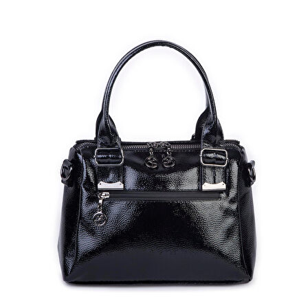 Nas 1455 Kadın Taşlı El Ve Omuz Çantası Siyah Rugan