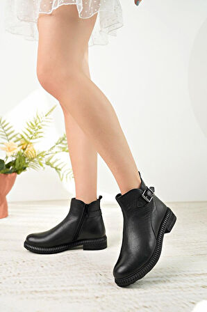 Castle Black 20913-1 Kadın Hakiki Deri Kısa Konç Kısa Ökçeli Bot Siyah