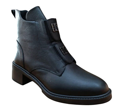 Castle Black 11032-1 Kadın Hakiki Deri Toka Ve Lastik Detaylı Fermuarlı Bot Siyah