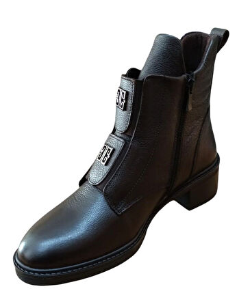 Castle Black 11032-1 Kadın Hakiki Deri Toka Ve Lastik Detaylı Fermuarlı Bot Kahve