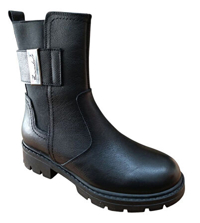 Castle Black 24123-1 Kadın Hakiki Deri Lastik Detaylı Postal Bot Siyah