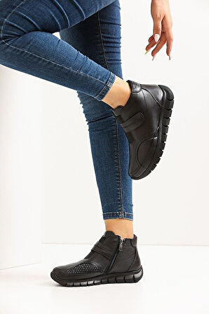 Fabbi-z-3609 Kadın Hakiki Deri Kemik Çıkıntılı Comfort Bot Siyah