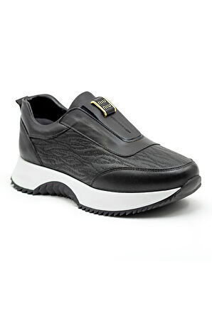 Zarex 919 Kadın Hakiki Deri Lastikli Günlük Casual Ayakkabı Siyah