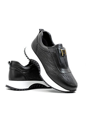 Zarex 919 Kadın Hakiki Deri Lastikli Günlük Casual Ayakkabı Siyah
