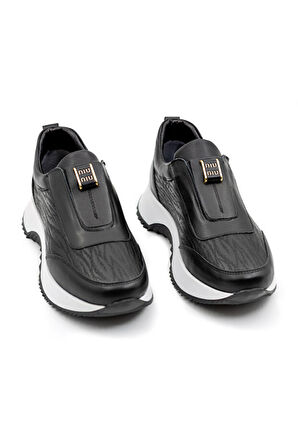 Zarex 919 Kadın Hakiki Deri Lastikli Günlük Casual Ayakkabı Siyah