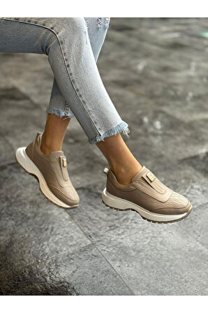 Zarex 919 Kadın Hakiki Deri Lastikli Günlük Casual Ayakkabı Vizon