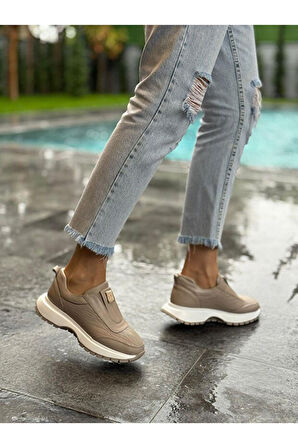 Zarex 919 Kadın Hakiki Deri Lastikli Günlük Casual Ayakkabı Vizon