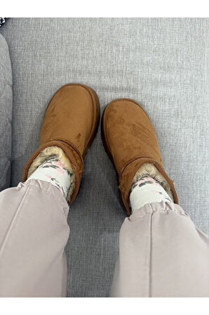 Feel Up En002 Kadın Bilek Boy Süet Peluşlu Eva Taban Bot Taba