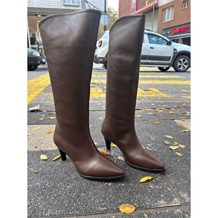 Pine Cone K211 Kadın Topuklu Fermuarsız Günlük Şık Çizme Kahve