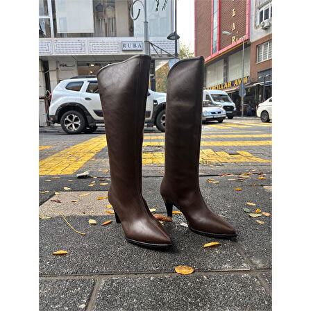 Pine Cone K211 Kadın Topuklu Fermuarsız Günlük Şık Çizme Kahve