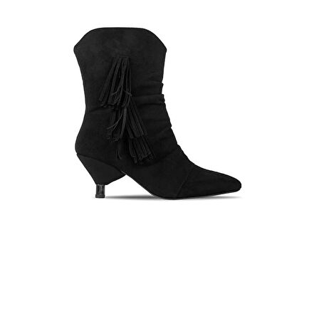 Pine Cone K222 Kadın Süet Topuklu Püsküllü Bot Siyah