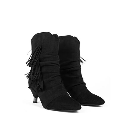 Pine Cone K222 Kadın Süet Topuklu Püsküllü Bot Siyah