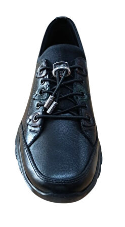 Palovit 027 Kadın Hakiki Deri Lastikli Düz Taban Comfort Günlük Ayakkabı Siyah